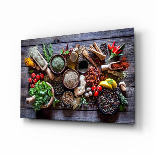 Rustic wood-framed canvas wall art of vibrant spices on dark wood