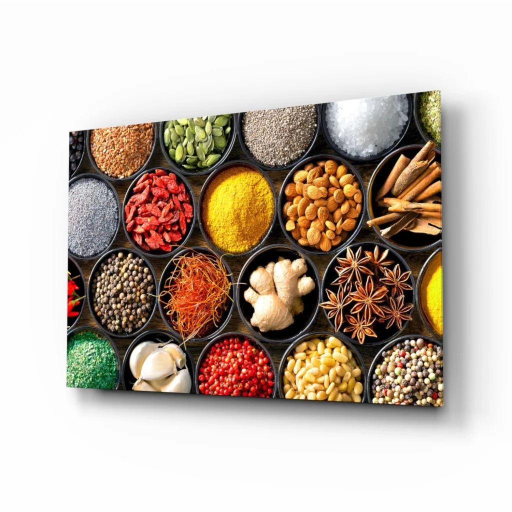 Vibrant spice market wall art canvas with colorful herbs in bowls