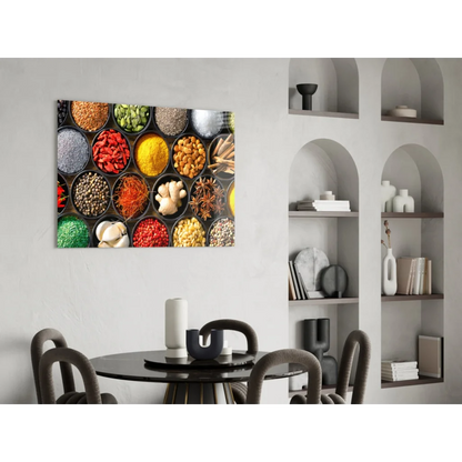 Vibrant spice market canvas wall art with colorful herbs in black bowls