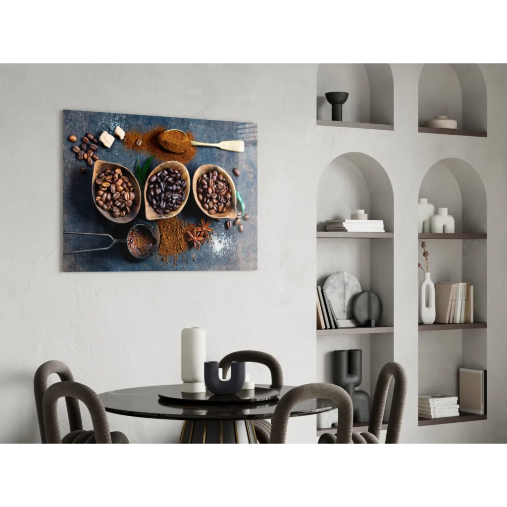 Rustic coffee beans wall art canvas print on dark blue surface
