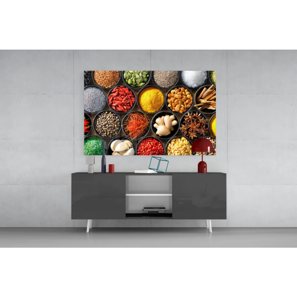 Vibrant spice market canvas wall art with colorful herbs in black bowls