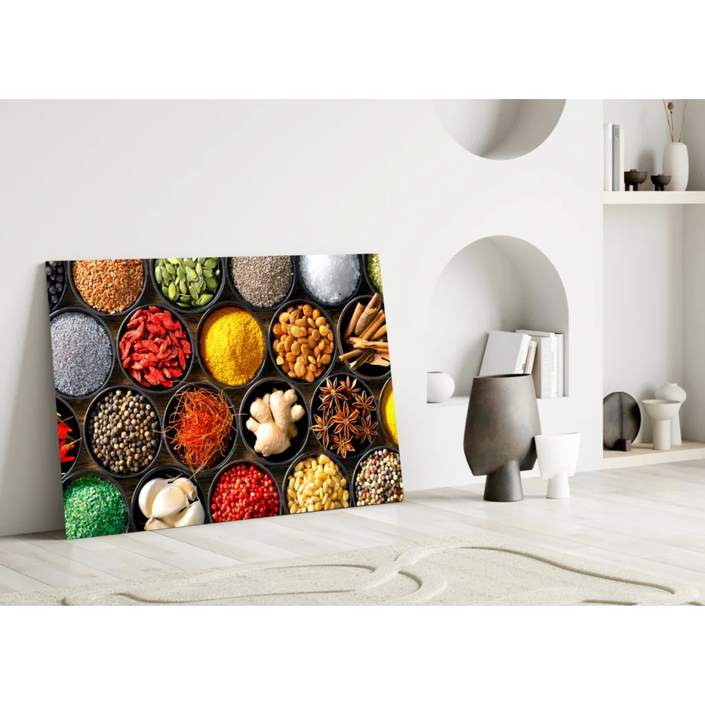 Vibrant spice market canvas wall art with colorful herbs in bowls