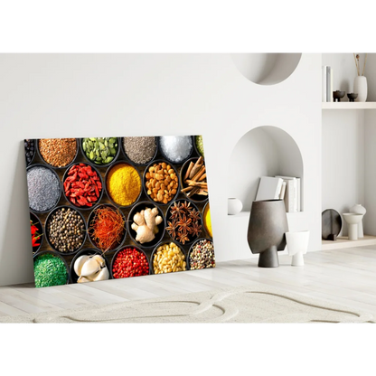 Vibrant spice market canvas wall art with colorful herbs in bowls