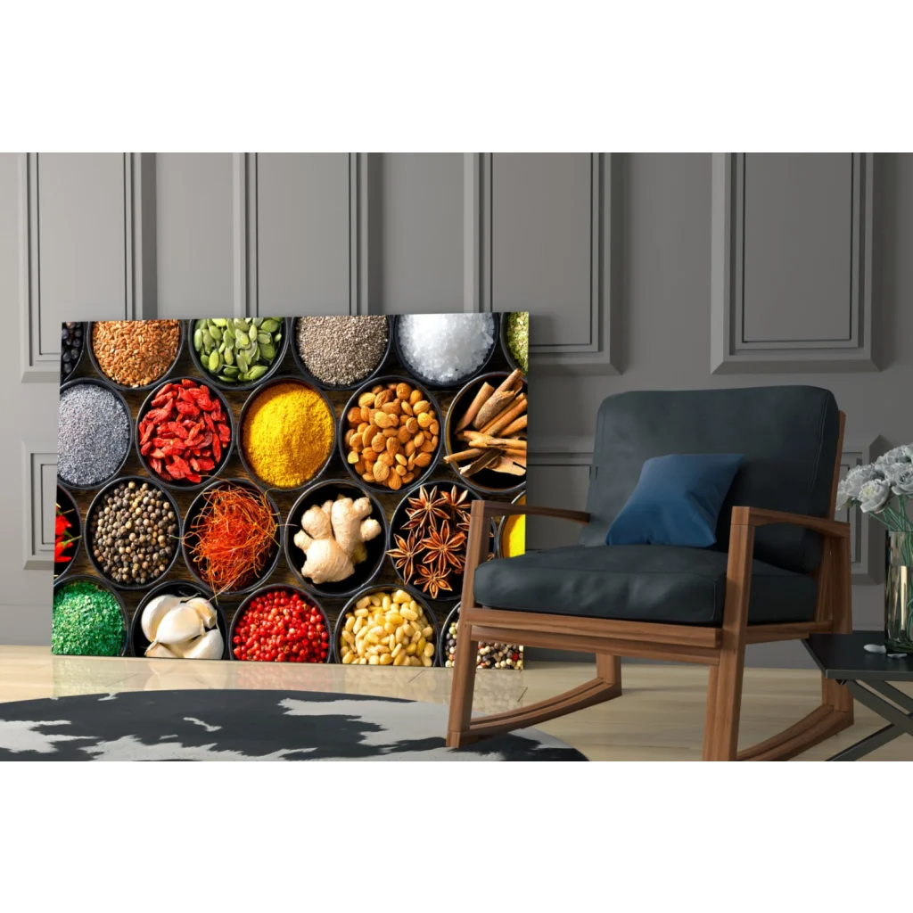 Vibrant spice market canvas wall art with colorful herbs in bowls