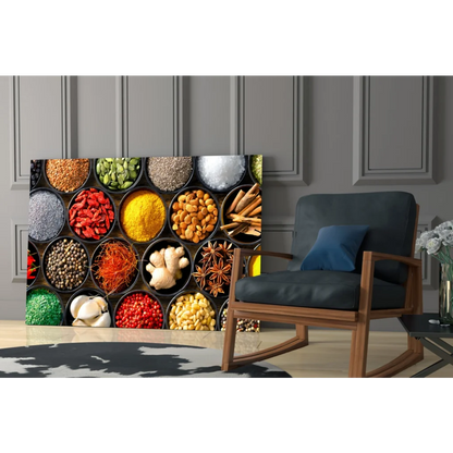 Vibrant spice market canvas wall art with colorful herbs in bowls
