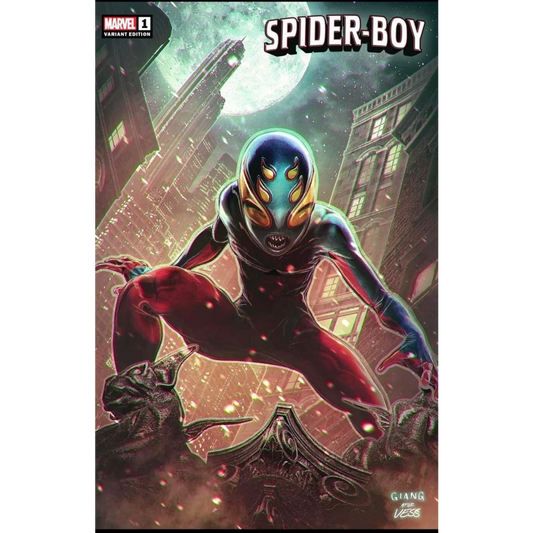 SPIDER BOY Comic Book with a hero in blue red and gold spider suit looking fierce