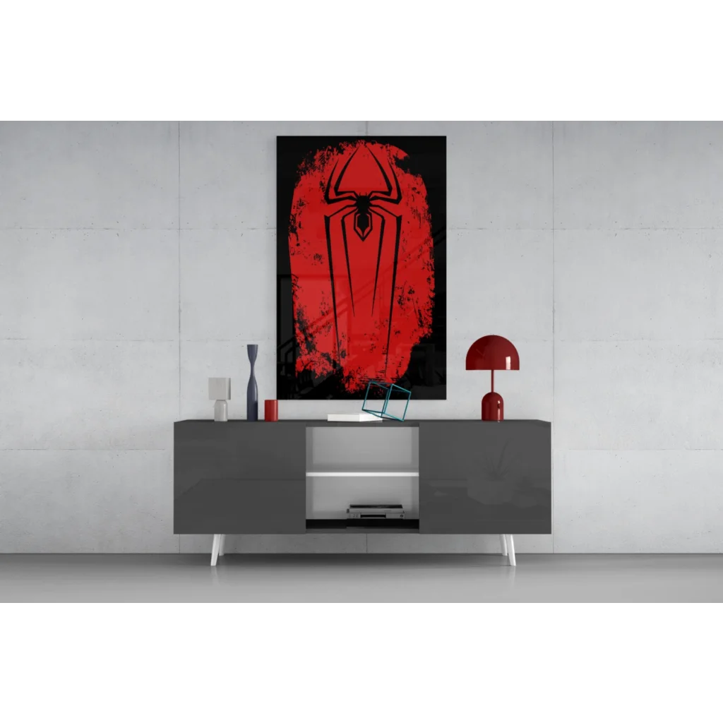 Bold red Spider-Man logo wall art canvas with grunge texture on gray console