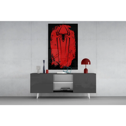 Bold red Spider-Man logo wall art canvas with grunge texture on gray console