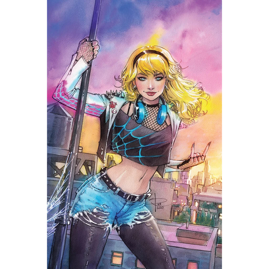 Blonde woman with headphones in Spider Gwen crop top and denim shorts for Chaos Unknown Comics