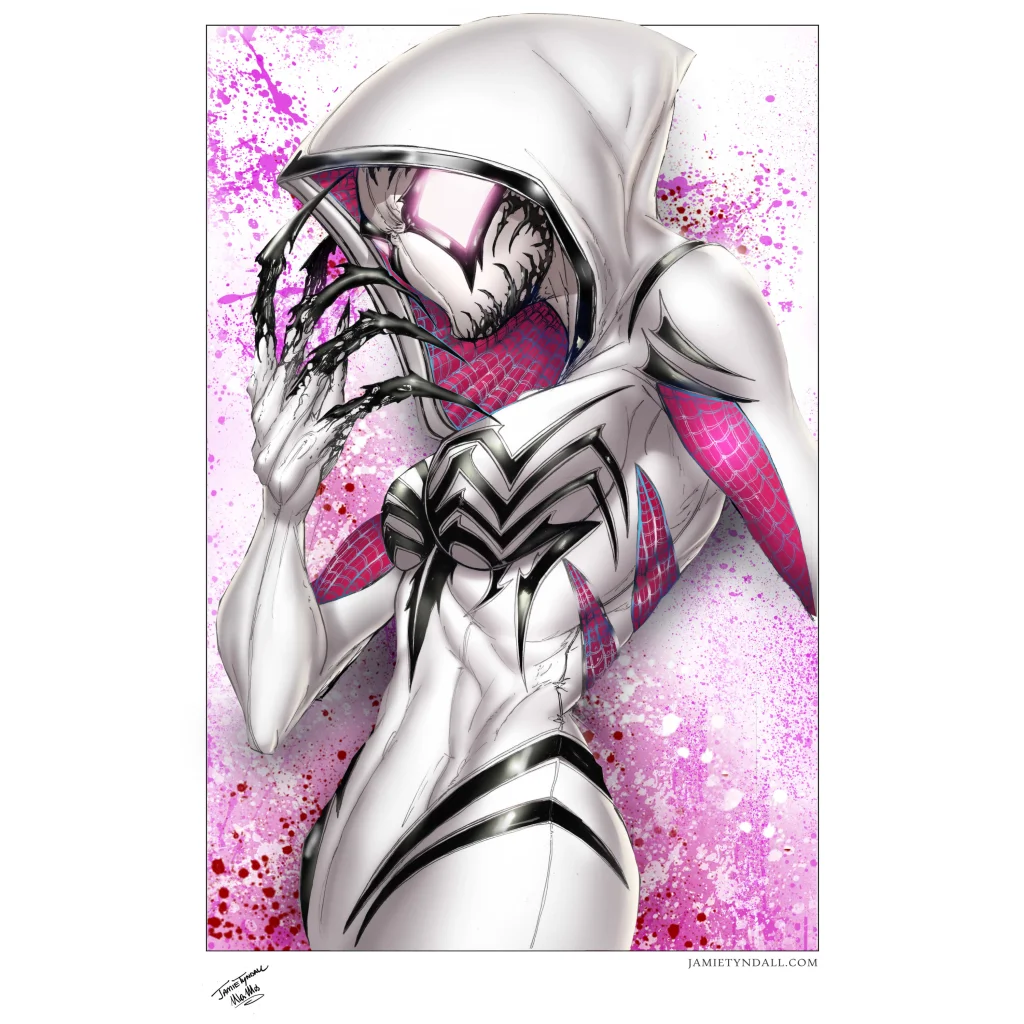 Spider-Gwen costume in white and pink on brushed aluminum wall art print