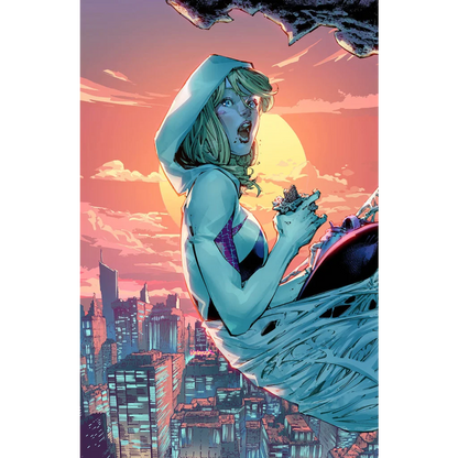 Spider-Gwen in white hooded costume eating on the Spider Gwen Goes Iron cover