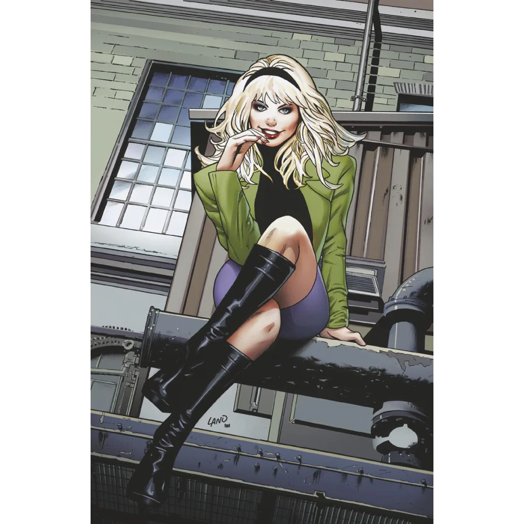 Blonde woman in green jacket and purple shorts for Gwenverse 1 Greg Land exclusive comic