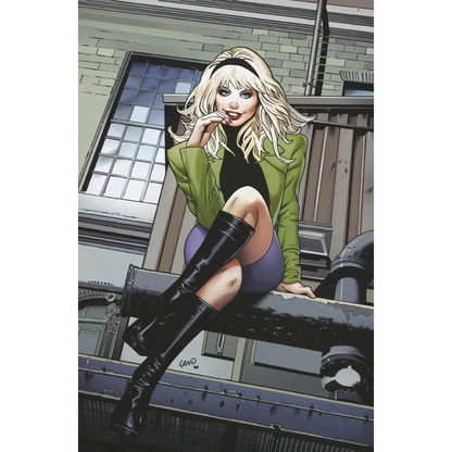 Blonde woman in green jacket and purple shorts for Gwenverse 1 Greg Land exclusive comic
