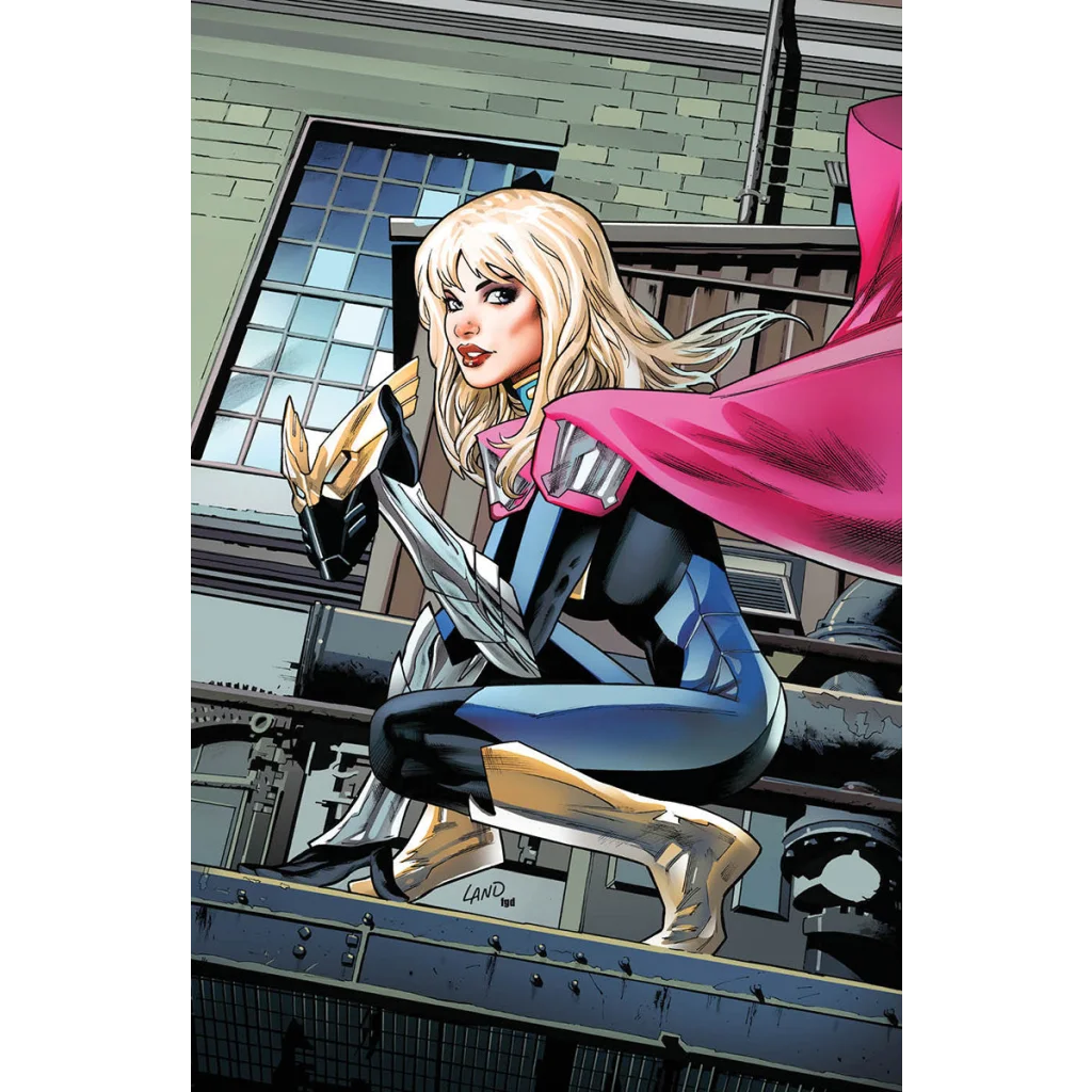 Blonde woman in superhero suit with pink cape and golden boots from Gwen Stacy Greg Land Exclusive graded blue label comic