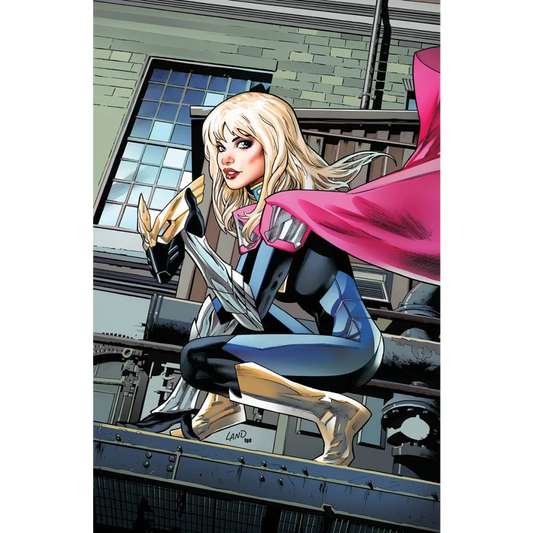 Blonde woman in superhero suit with pink cape and golden boots from Gwen Stacy Greg Land Exclusive graded blue label comic