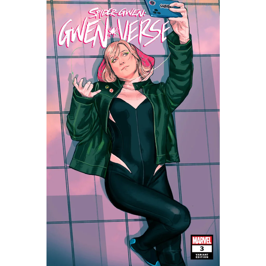 Comic book cover with Gwen Stacy in a black bodysuit and green jacket taking a selfie