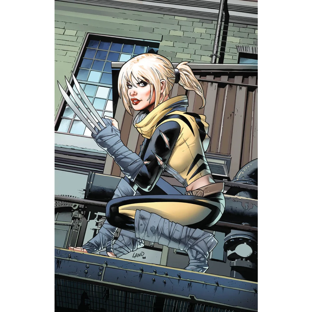 Comic book illustration of X-23 in yellow and black costume with claws extended