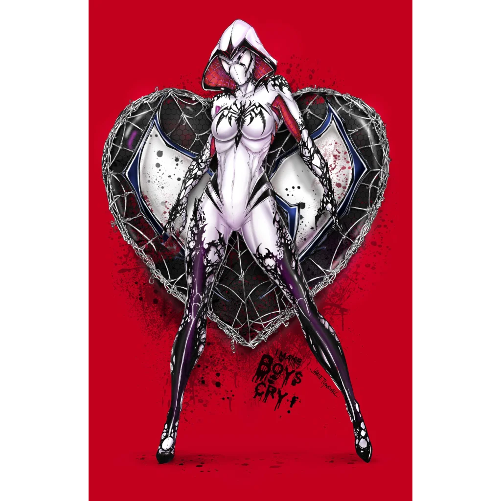 Spider-Gwen red cosplay variant comic costume with hooded wings