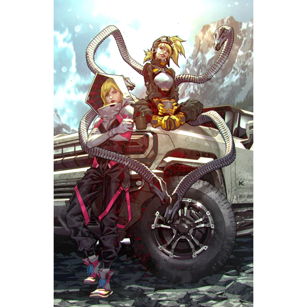 Two women with robotic tentacles next to an off-road vehicle from Epic Shadow Clones Kael Ngu Exclusive Virgin Comic Adventure