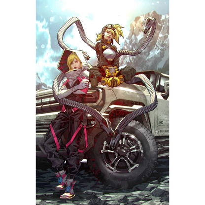 Two women with robotic tentacles next to an off-road vehicle from Epic Shadow Clones Kael Ngu Exclusive Virgin Comic Adventure
