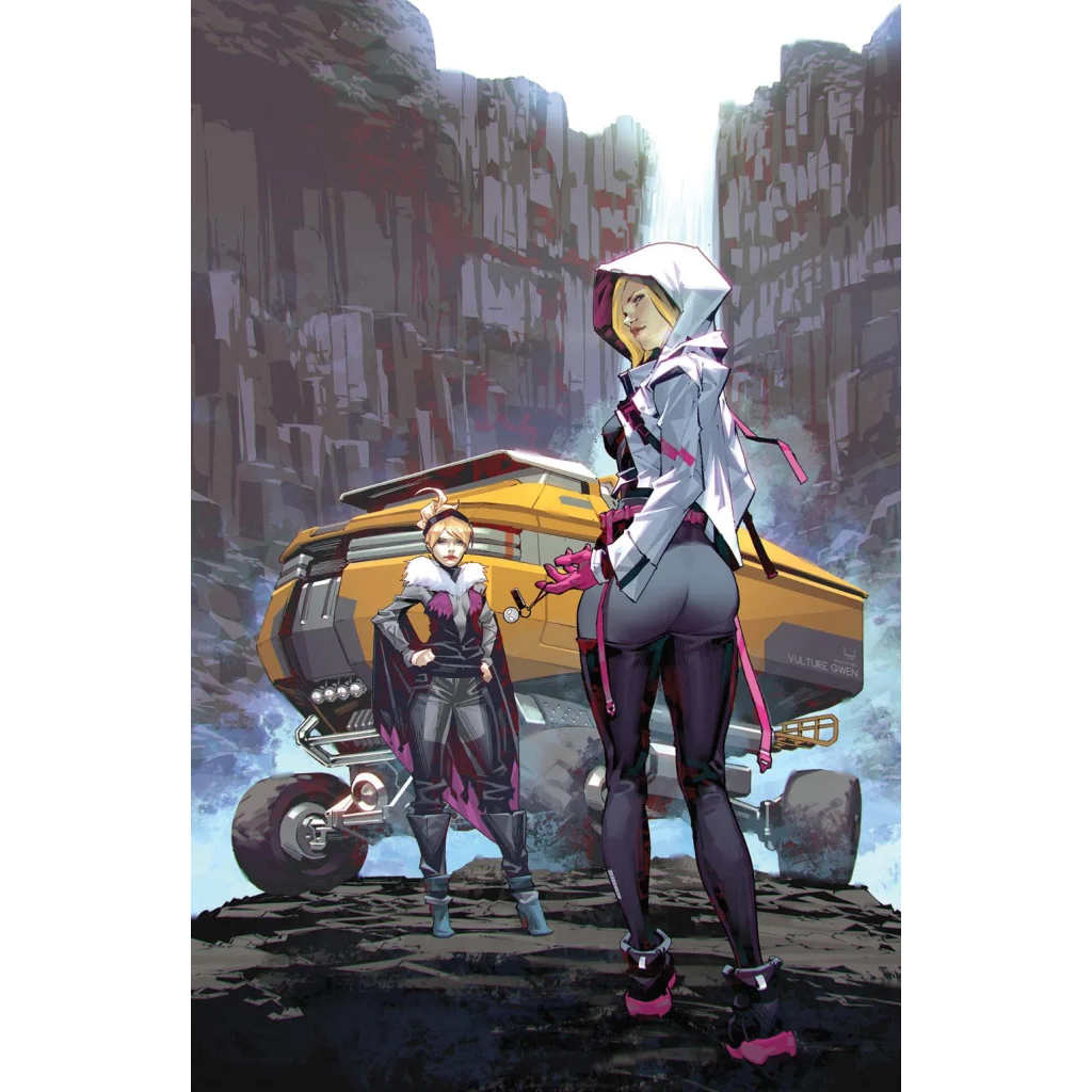 Two women in futuristic outfits with a yellow vehicle in a rocky canyon shadow clones scene