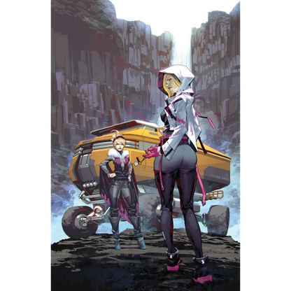 Two women in futuristic outfits with a yellow vehicle in a rocky canyon shadow clones scene
