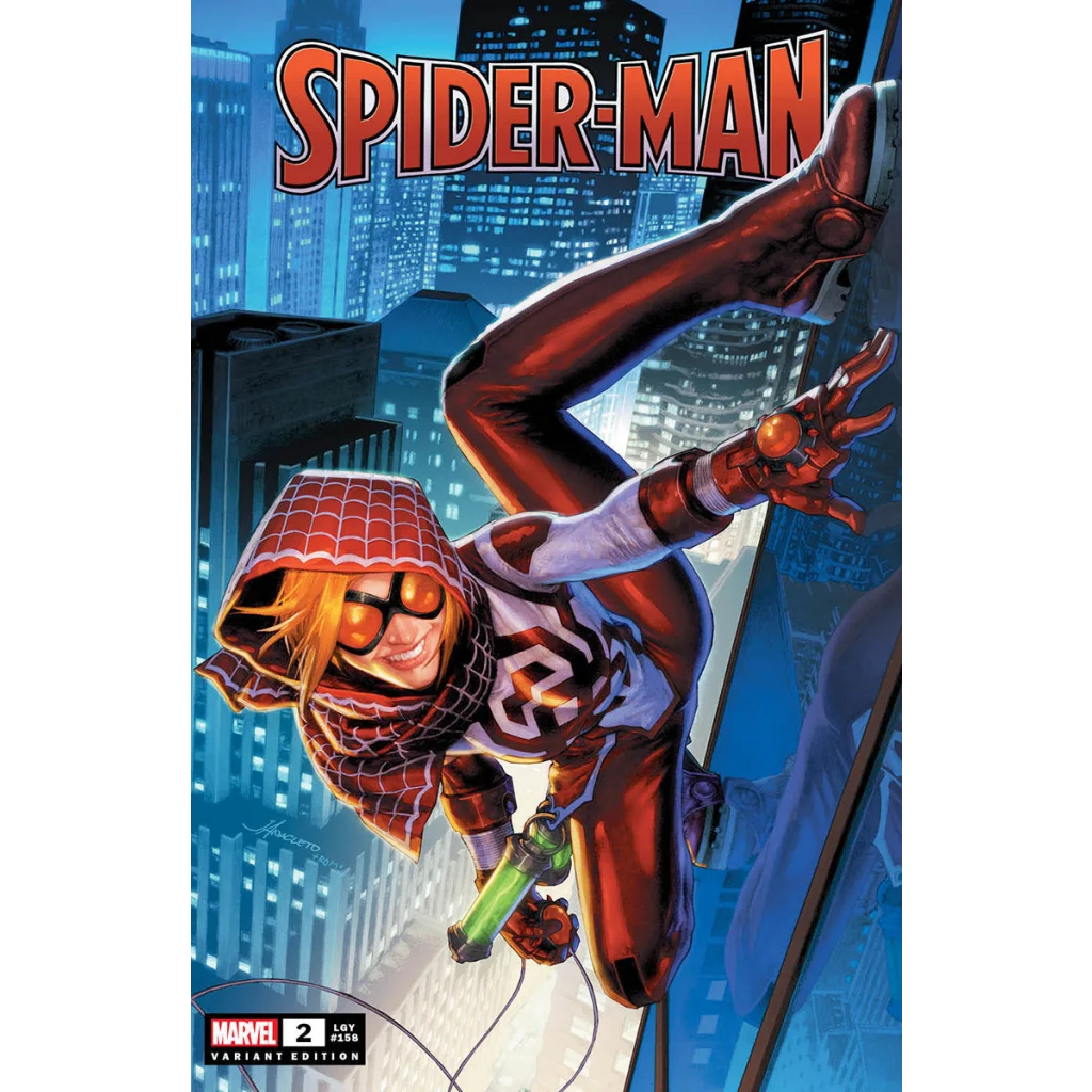 Comic book featuring a character in a red and white suit swinging through the city, graded blue label
