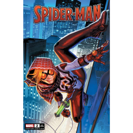 Comic book featuring a character in a red and white suit swinging through the city, graded blue label