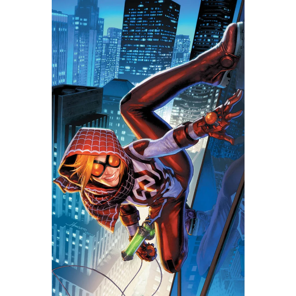 Red and white Spider-Man superhero suit with web-shooters and goggles from End of Spider-Verse
