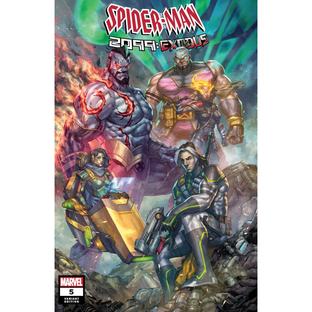 Comic book cover with futuristic characters from Spider-Man 2099 Exodus Issue 5 Variant Edition