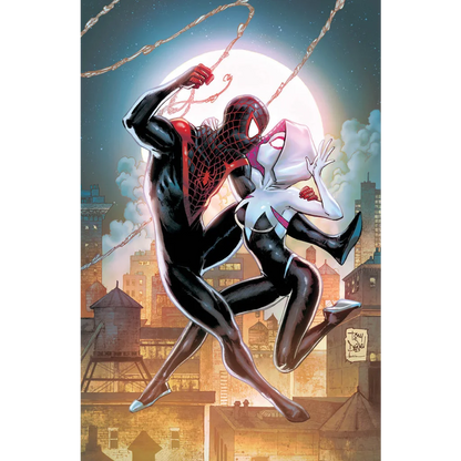 Comic book cover with Miles Morales and Spider-Gwen in a romantic embrace