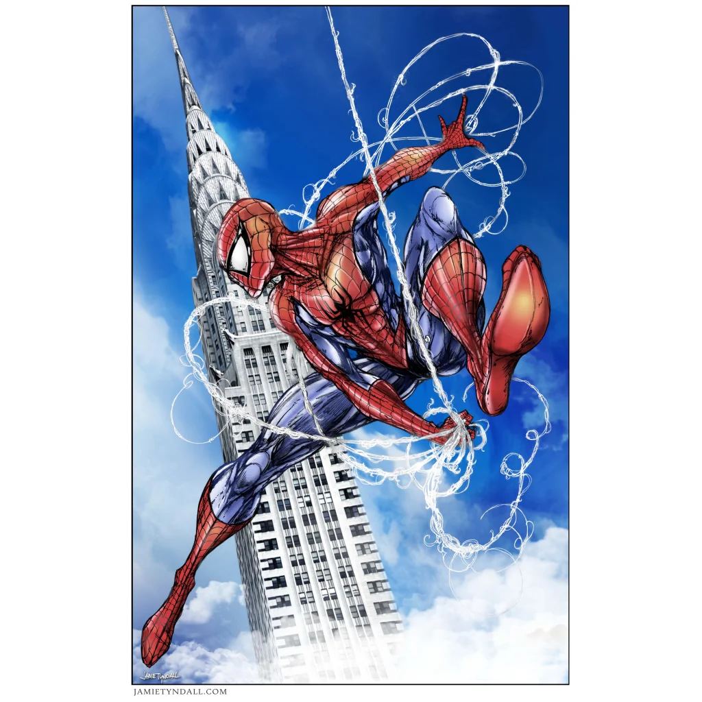 Spider-Man dynamic pose vs Chrysler Building on brushed aluminum poster