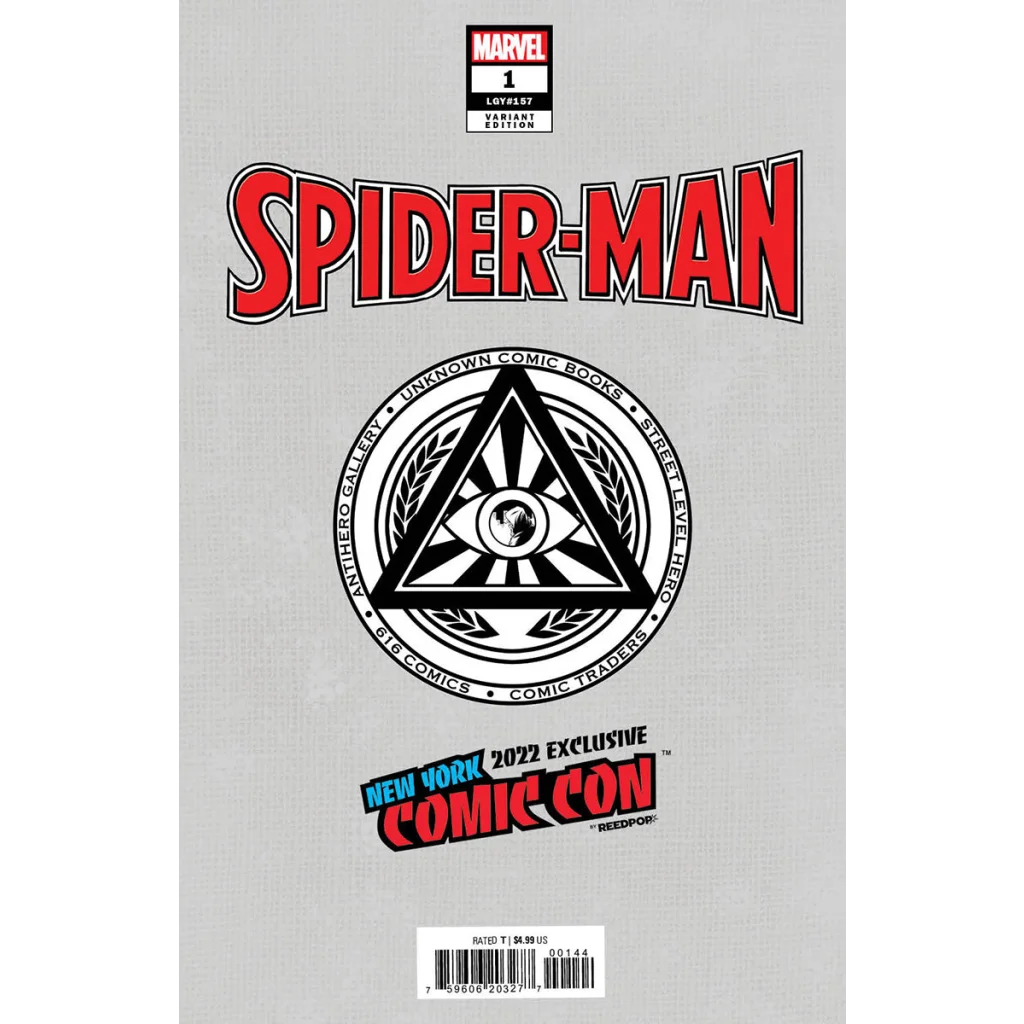 Gray Spider-Man comic book with eye-in-pyramid logo and New York 2022 Comic-Con label