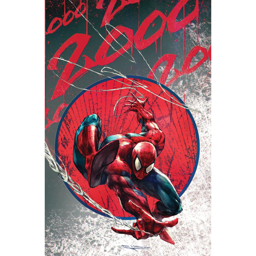 Dynamic Spider-Man in action pose on foil virgin ASM 300 homage poster by Ivan Tao