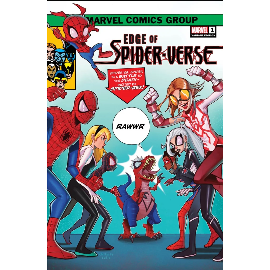 Comic book cover with Spider-Man characters and a dinosaur from Spider-Man Meets Dinosaurs in Epic Multiverse Adventure