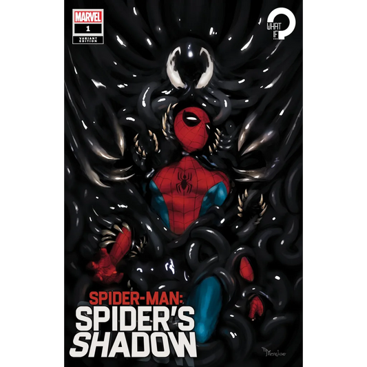 Comic book cover of Spider-Man being consumed by Venom symbiote featuring Peter Parker Spiders Shadow