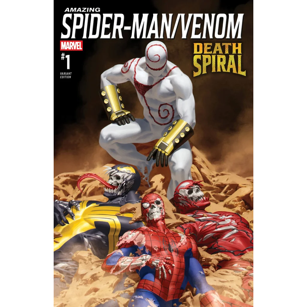 Spider-Man Venom Death Spiral 1 trade figure in white and red symbiote suit with gold-plated gauntlets, front view