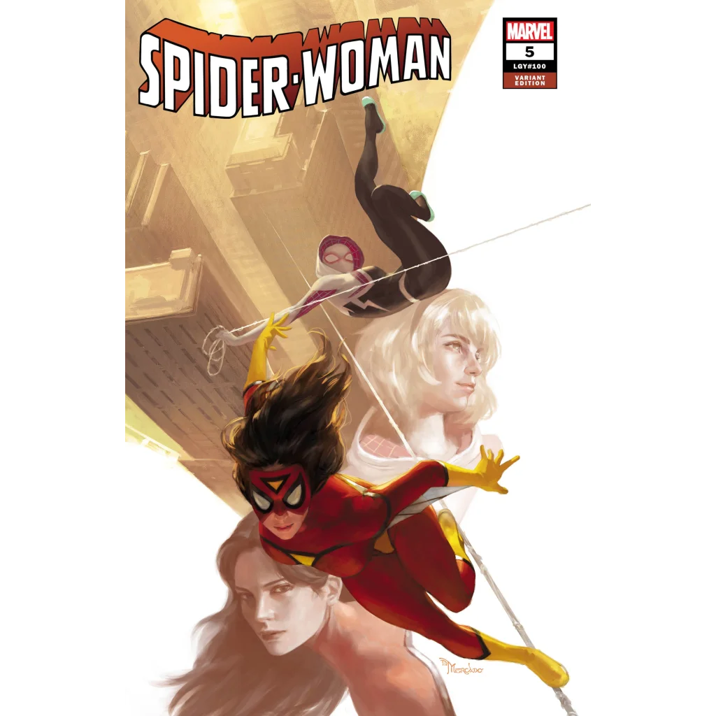 Comic book cover art print featuring Spider Woman in her iconic red and yellow suit with female heroes