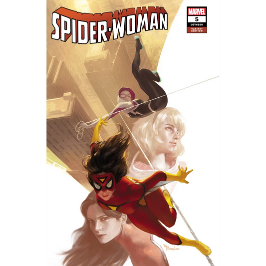 Comic book cover art print featuring Spider Woman in her iconic red and yellow suit with female heroes