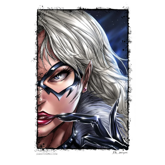 Sleek black and silver Spider Woman mask on brushed aluminum