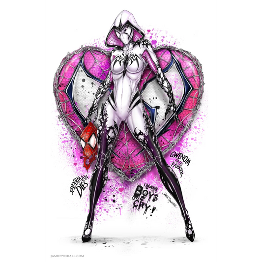 Stylized Spider-Woman in black white suit holding red Spider-Man mask on brushed aluminum print