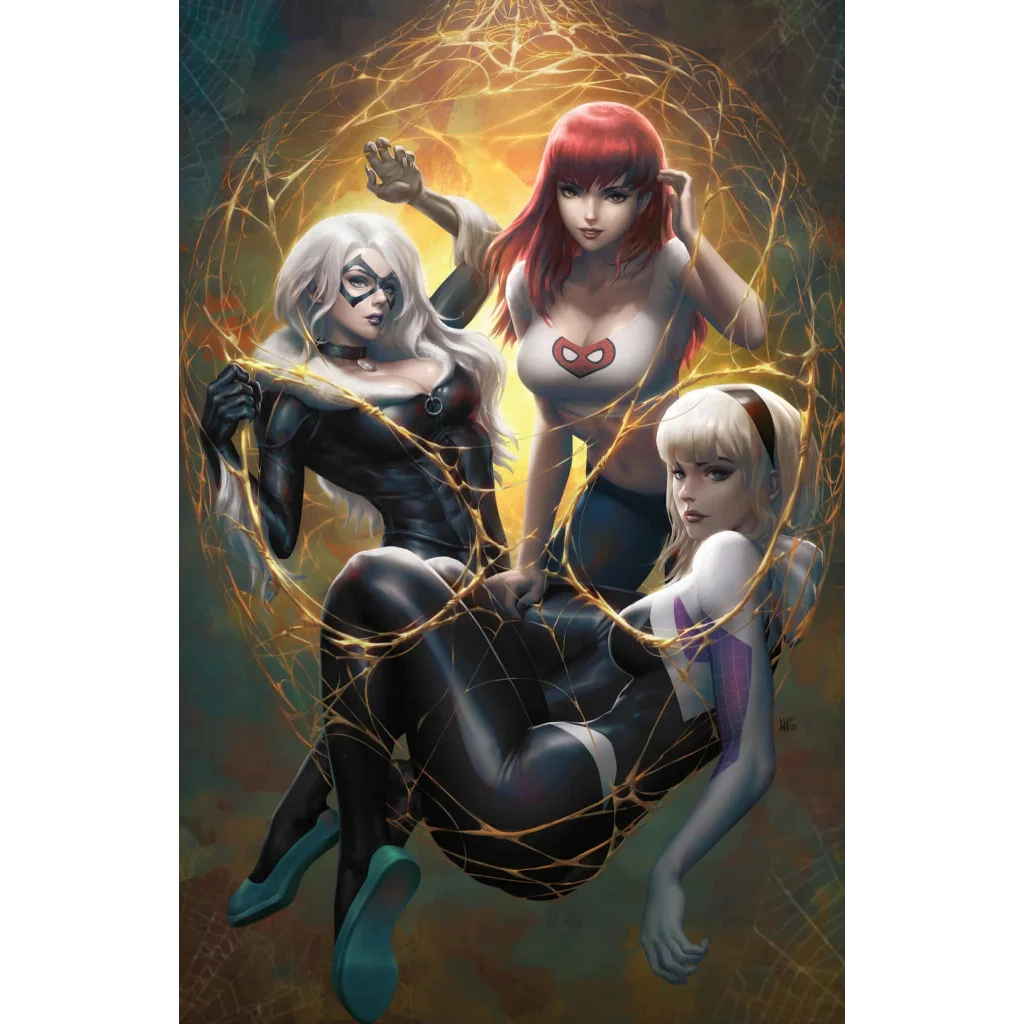 Black Cat, Scarlet Witch, and Spider-Gwen in dynamic golden web sphere
