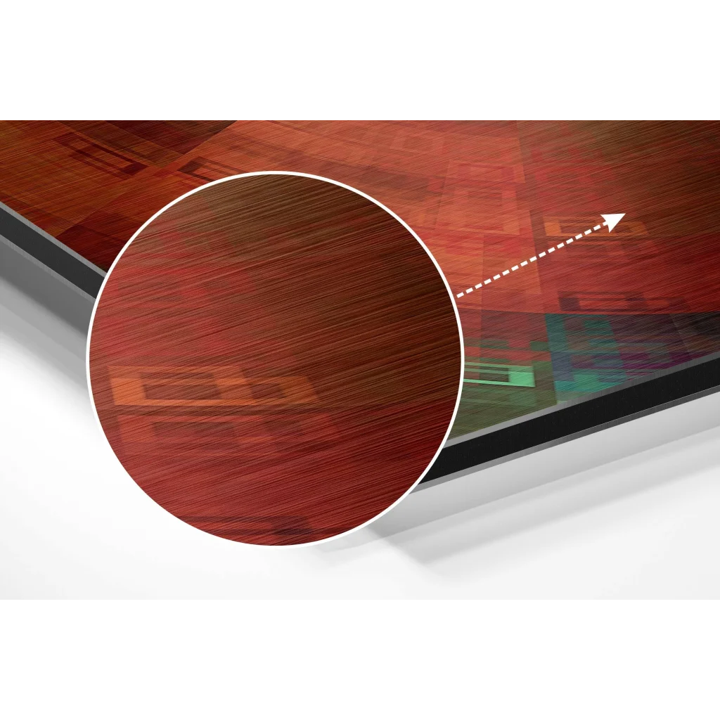 Red wood-grain texture on brushed aluminium dibond art print