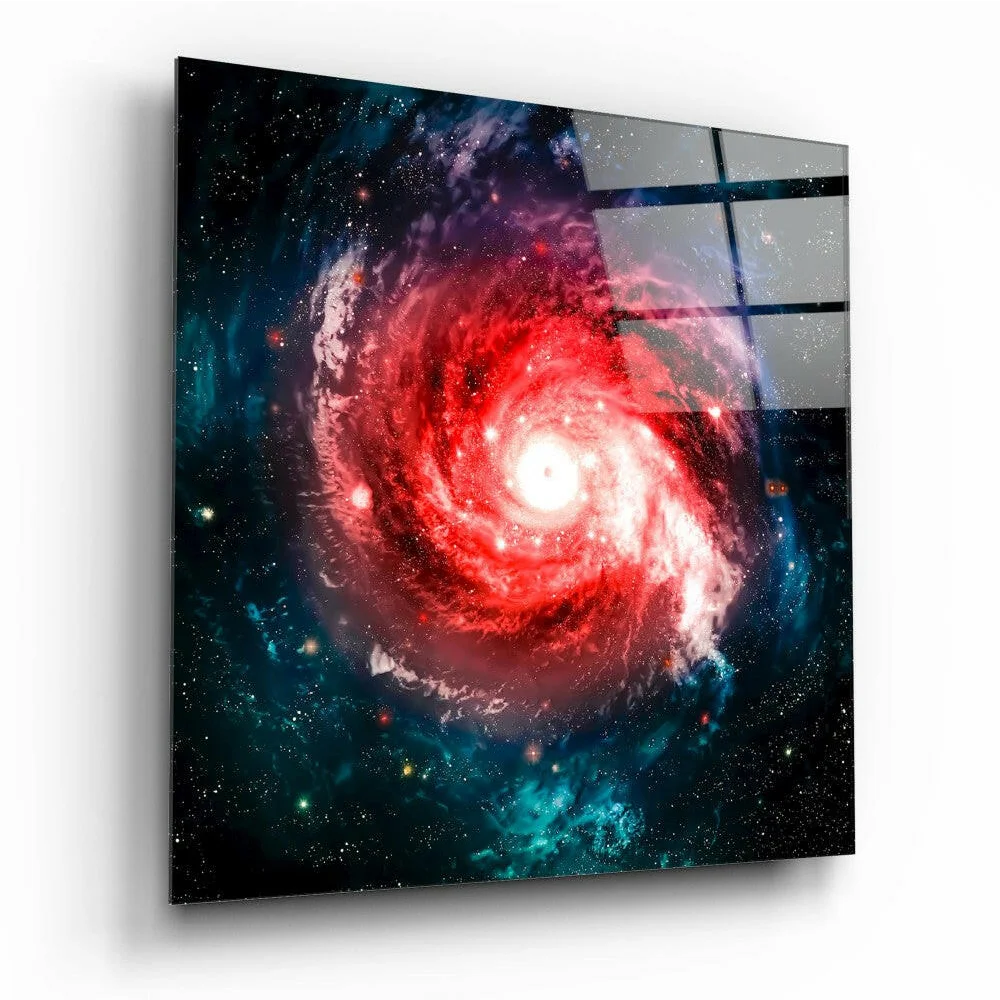 Vibrant red and teal spiral galaxy glass wall art on acrylic panel