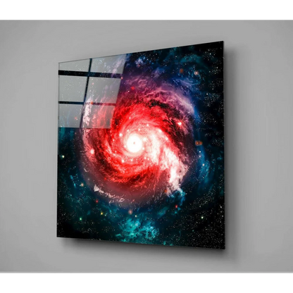 Vibrant red blue spiral galaxy on glossy glass wall art panel