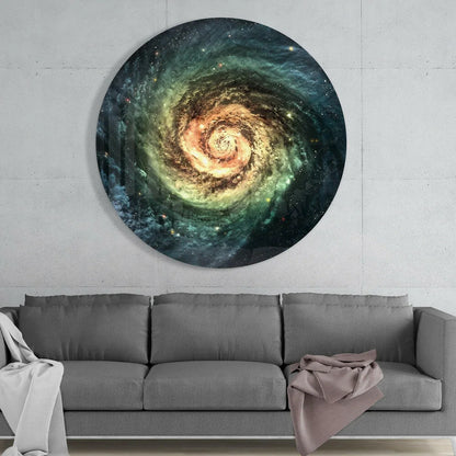 Vibrant spiral galaxy tempered glass art in teal, gold, and black