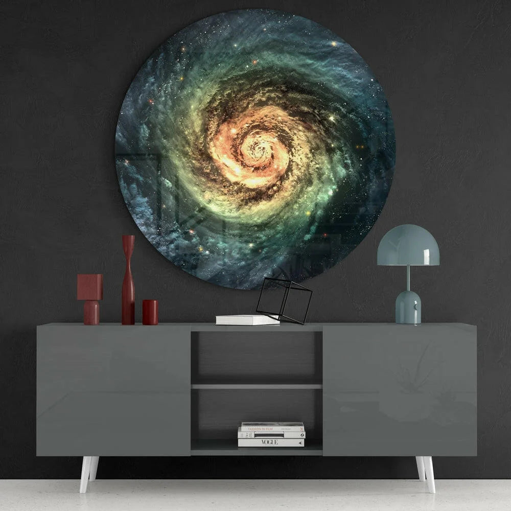 Spiral Galaxy tempered glass art in teal, green, orange swirls with bright core