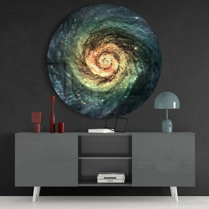 Spiral Galaxy tempered glass art in teal, green, orange swirls with bright core