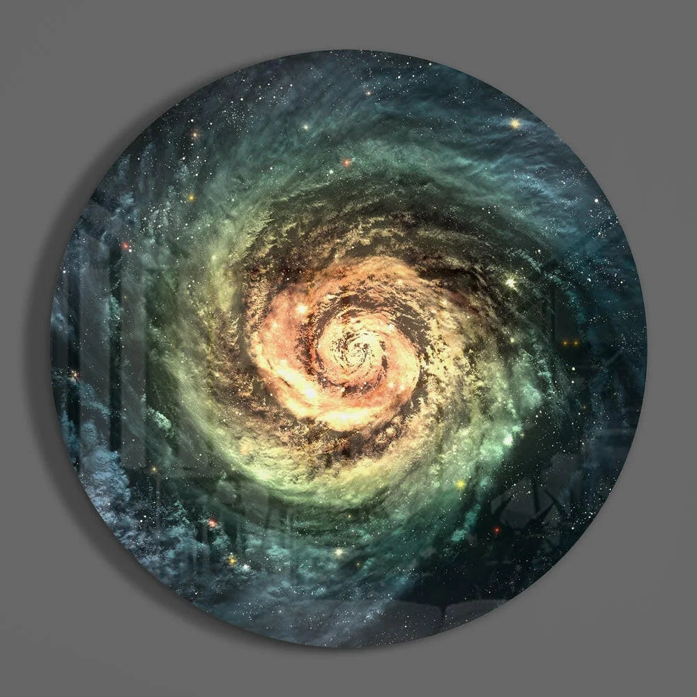 Vivid spiral galaxy tempered glass art on wall