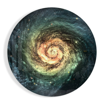 Vivid spiral galaxy tempered glass art in teal, gold, black